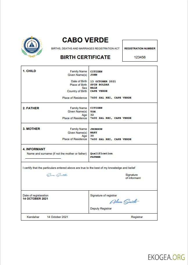 Acte d'état civil de Cap Vert, modèle Word et PDF